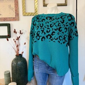 Nine West Teal and Black Animal Print Sweater